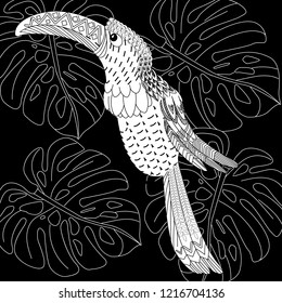 Coloring Pages. Coloring Book for adults. Colouring pictures with bird. Antistress freehand sketch drawing with doodle and zentangle elements.
