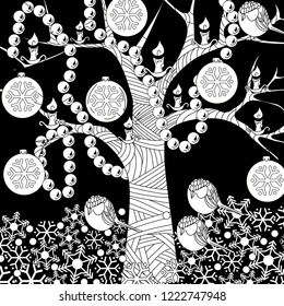 Coloring Pages. Coloring Book for adults. Colouring pictures with bird and Tree Ornament. Antistress freehand sketch drawing with doodle and zentangle elements.