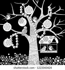 Coloring Pages. Coloring Book for adults. Colouring pictures with bird and Tree Ornament. Antistress freehand sketch drawing with doodle and zentangle elements.