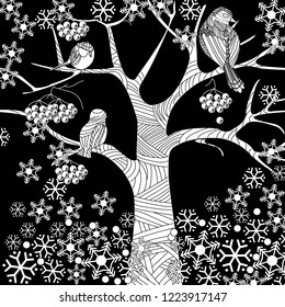 Coloring Pages. Coloring Book for adults. Colouring pictures with bird and Tree Ornament. Antistress freehand sketch drawing with doodle and zentangle elements.