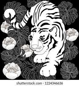 Coloring Pages. Coloring Book for adults. Colouring pictures with tiger. Antistress freehand sketch drawing with doodle and zentangle elements.