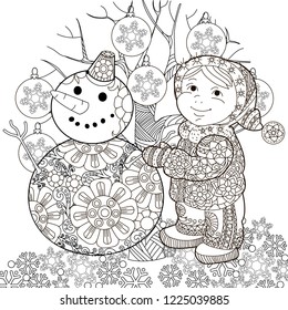 Coloring Pages. Coloring Book for adults. Colouring pictures with baby and snowman. Antistress freehand sketch drawing with doodle and zentangle elements.