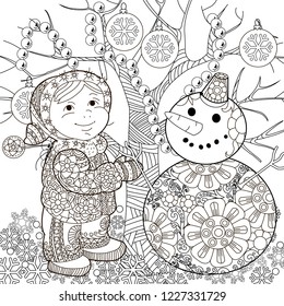Coloring Pages. Coloring Book for adults. Colouring pictures with baby and snowman. Antistress freehand sketch drawing with doodle and zentangle elements.