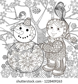 Coloring Pages. Coloring Book for adults. Colouring pictures with baby and snowman. Antistress freehand sketch drawing with doodle and zentangle elements.