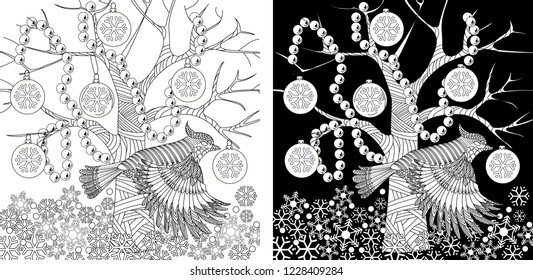 Coloring Pages. Coloring Book for adults. Colouring pictures with bird. Antistress freehand sketch drawing with doodle and zentangle elements.