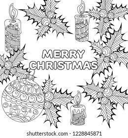 Coloring Pages. Coloring Book for adults. Colouring pictures with holly and tree ornament. Antistress freehand sketch drawing with doodle and zentangle elements.