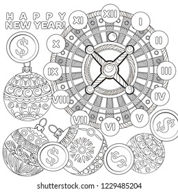 Coloring Pages. Coloring Book for adults. Colouring pictures with casino roulette and tree ornament. Antistress freehand sketch drawing with doodle and zentangle elements.