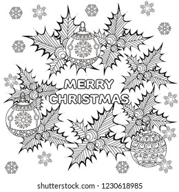 Coloring Pages. Coloring Book for adults. Colouring pictures with holly and tree ornament. Antistress freehand sketch drawing with doodle and zentangle elements.