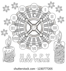 Coloring Pages. Coloring Book for adults. Colouring pictures with casino roulette and tree ornament. Antistress freehand sketch drawing with doodle and zentangle elements.