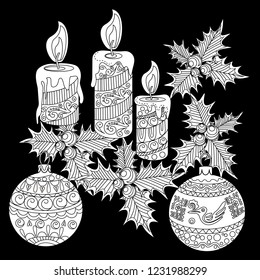 Coloring Pages. Coloring Book for adults. Colouring pictures with holly and tree ornament. Antistress freehand sketch drawing with doodle and zentangle elements.