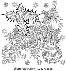 Coloring Pages. Coloring Book for adults. Colouring pictures with holly and tree ornament. Antistress freehand sketch drawing with doodle and zentangle elements.