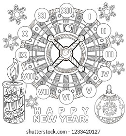 Coloring Pages. Coloring Book for adults. Colouring pictures with casino roulette and tree ornament. Antistress freehand sketch drawing with doodle and zentangle elements.