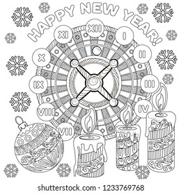 Coloring Pages. Coloring Book for adults. Colouring pictures with casino roulette and tree ornament. Antistress freehand sketch drawing with doodle and zentangle elements.