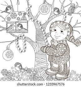 Coloring Pages. Coloring Book for adults. Colouring pictures with bird and baby. Antistress freehand sketch drawing with doodle and zentangle elements.