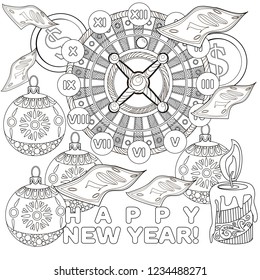 Coloring Pages. Coloring Book for adults. Colouring pictures with casino roulette and tree ornament. Antistress freehand sketch drawing with doodle and zentangle elements.