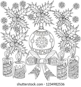 Coloring Pages. Coloring Book for adults. Colouring pictures with holly and tree ornament. Antistress freehand sketch drawing with doodle and zentangle elements.