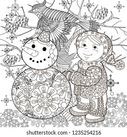 Coloring Pages. Coloring Book for adults. Colouring pictures with bird and baby. Antistress freehand sketch drawing with doodle and zentangle elements.