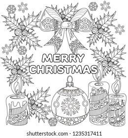 Coloring Pages. Coloring Book for adults. Colouring pictures with holly and tree ornament. Antistress freehand sketch drawing with doodle and zentangle elements.