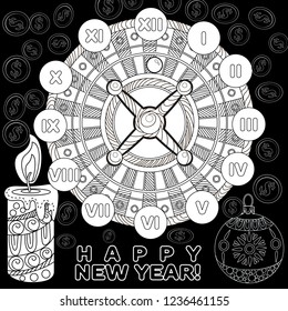 Coloring Pages. Coloring Book for adults. Colouring pictures with casino roulette and tree ornament. Antistress freehand sketch drawing with doodle and zentangle elements.