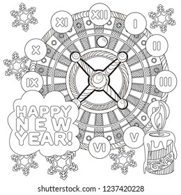 Coloring Pages. Coloring Book for adults. Colouring pictures with casino roulette and tree ornament. Antistress freehand sketch drawing with doodle and zentangle elements.