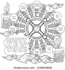 Coloring Pages. Coloring Book for adults. Colouring pictures with casino roulette and tree ornament. Antistress freehand sketch drawing with doodle and zentangle elements.