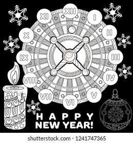 Coloring Pages. Coloring Book for adults. Colouring pictures with casino roulette and tree ornament. Antistress freehand sketch drawing with doodle and zentangle elements.