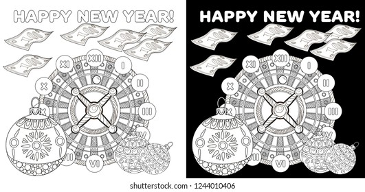Coloring Pages. Coloring Book for adults. Colouring pictures with casino roulette and tree ornament. Antistress freehand sketch drawing with doodle and zentangle elements.
