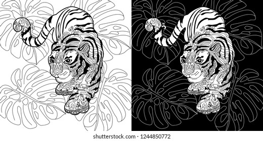 Coloring Pages. Coloring Book for adults. Colouring pictures with tigers. Antistress freehand sketch drawing with doodle and zentangle elements.