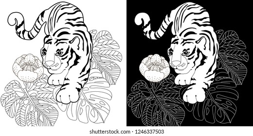 Coloring Pages. Coloring Book for adults. Colouring pictures with tigers. Antistress sketch drawing with doodle and zentangle elements.