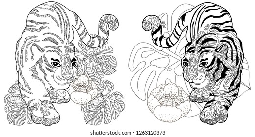 Coloring Pages. Coloring Book for adults. Colouring pictures with tigers. Antistress freehand sketch drawing with doodle and zentangle elements.