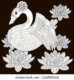 Coloring Pages. Coloring Book for adults. Colouring pictures with swan. Antistress freehand sketch drawing with doodle and zentangle elements.