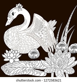 Coloring Pages. Coloring Book for adults. Colouring pictures with swan. Antistress freehand sketch drawing with doodle and zentangle elements.