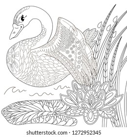 Coloring Pages. Coloring Book for adults. Colouring pictures with swan. Antistress freehand sketch drawing with doodle and zentangle elements.