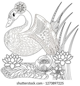 Coloring Pages. Coloring Book for adults. Colouring pictures with swan. Antistress freehand sketch drawing with doodle and zentangle elements.