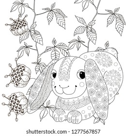 Coloring Pages. Coloring Book for adults. Colouring pictures with rabbit and flowers. Antistress freehand sketch drawing with doodle and zentangle element