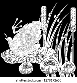 Coloring Pages. Coloring Book for adults. Colouring pictures with frog and lotus, lily flowers. Antistress freehand sketch drawing with doodle and zentangle element