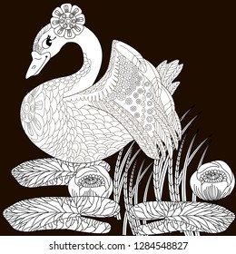 Coloring Pages. Coloring Book for adults. Colouring pictures with swan and lotus, lily flowers. Antistress freehand sketch drawing with doodle and zentangle elements.
