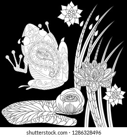 Coloring Pages. Coloring Book for adults. Colouring pictures with frog and lotus, lily flowers. Antistress freehand sketch drawing with doodle and zentangle element