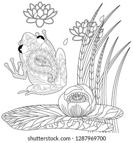Coloring Pages. Coloring Book for adults. Colouring pictures with frog and lotus, lily flowers. Antistress freehand sketch drawing with doodle and zentangle element