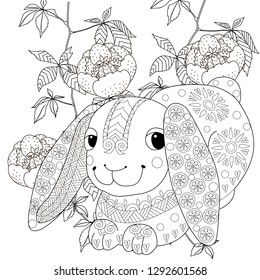 Coloring Pages. Coloring Book for adults. Colouring pictures with rabbit. Antistress freehand sketch drawing with doodle and zentangle element