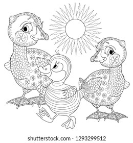 Coloring Pages. Coloring Book for adults. Colouring pictures with Ugly Duckling. Antistress freehand sketch drawing with doodle and zentangle element