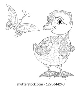 Coloring Pages. Coloring Book for adults. Colouring pictures with Ugly Duckling. Antistress freehand sketch drawing with doodle and zentangle element