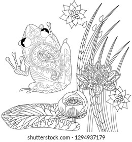 Coloring Pages. Coloring Book for adults. Colouring pictures with frog and lotus, lily flowers. Antistress freehand sketch drawing with doodle and zentangle element