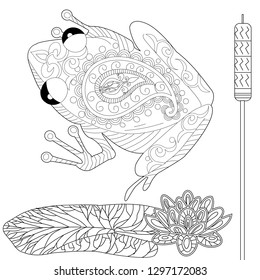 Coloring Pages. Coloring Book for adults. Colouring pictures with frog and lotus, lily flowers. Antistress freehand sketch drawing with doodle and zentangle element