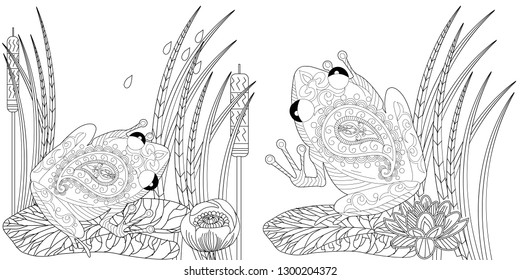 Coloring Pages. Coloring Book for adults. Colouring pictures with frog and lotus, lily flowers. Antistress freehand sketch drawing with doodle and zentangle element