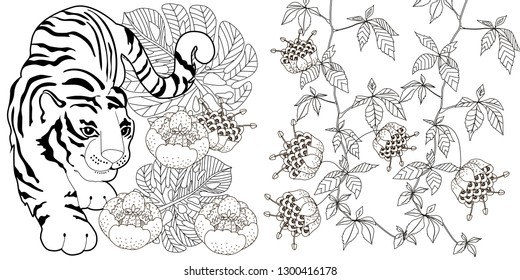 Coloring Pages. Coloring Book for adults. Colouring pictures with tiger and flowers. Antistress freehand sketch drawing with doodle and zentangle elements.