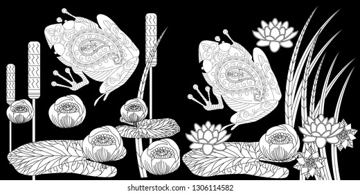 Coloring Pages. Coloring Book for adults. Colouring pictures with frog and lotus, lily flowers. Antistress freehand sketch drawing with doodle and zentangle element
