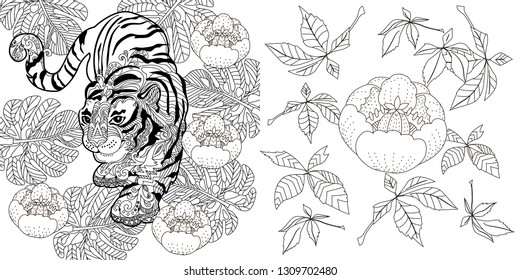 Coloring Pages. Coloring Book for adults. Colouring pictures with tiger and flowers. Antistress freehand sketch drawing with doodle and zentangle elements.