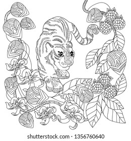 Coloring Pages. Coloring Book for adults. Colouring pictures with tiger and flowers. Antistress freehand sketch drawing with doodle and zentangle elements.