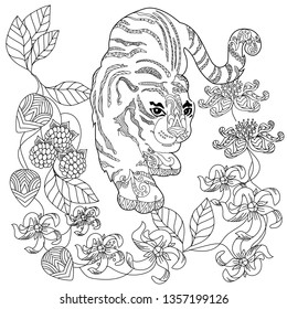 Coloring Pages. Coloring Book for adults. Colouring pictures with tiger and flowers. Antistress freehand sketch drawing with doodle and zentangle elements.